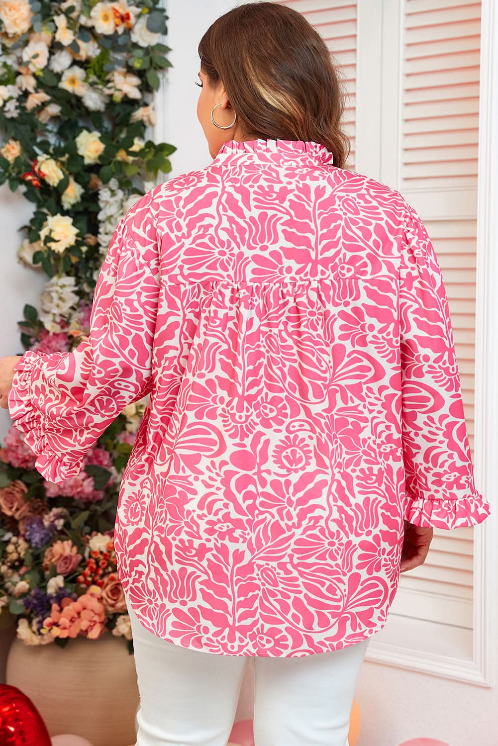 Pink Plus Size Floral Print Frilled Neck Puff Sleeve Top - Love Salve